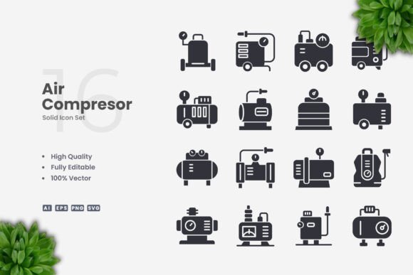 Air Compressor Solid Icons: Clean Graphics & Icons