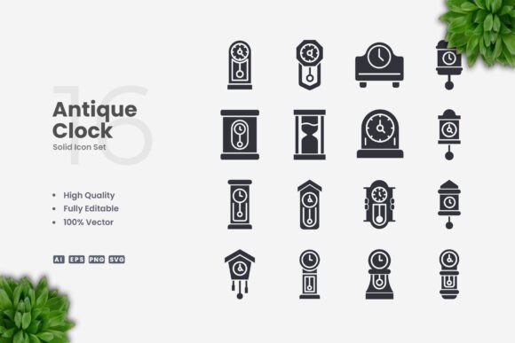 Antique Clock Solid Icons for Embroidery Projects