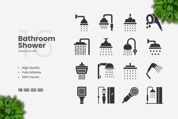Bathroom Shower Solid Icons: Polished Graphics for Content